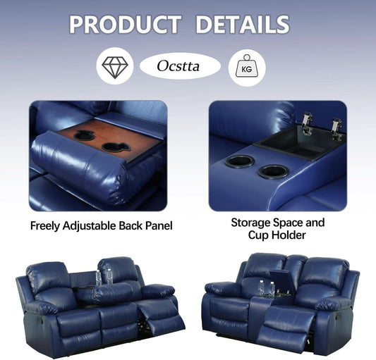 Manual Leather Recliner Sofa Set Blue Living Room Furniture