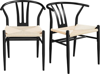 Black Rattan Weave Dining Chairs Set 2 Mid Century Modern