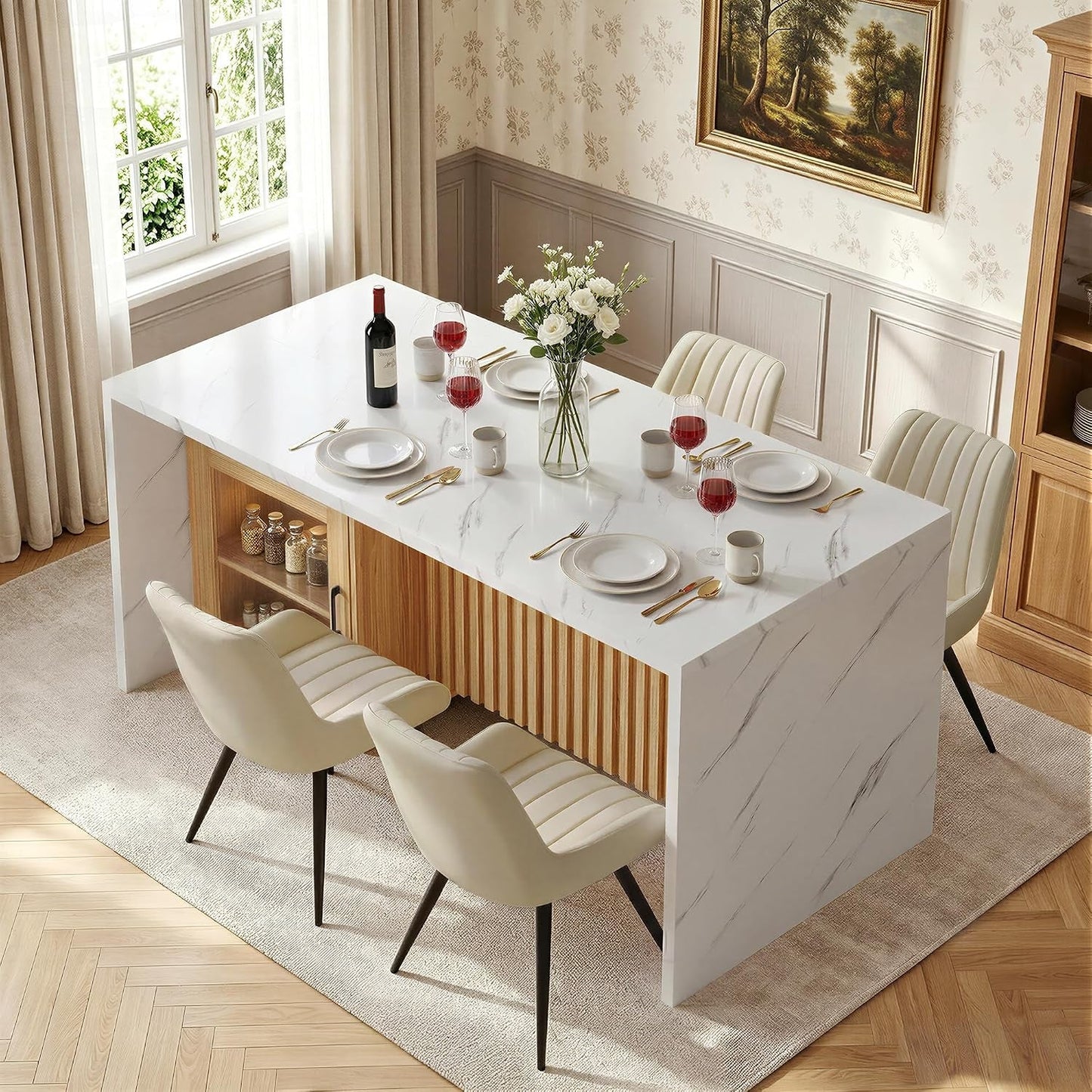 Contemporary 63 Inches Rectangular Dining Table Marble