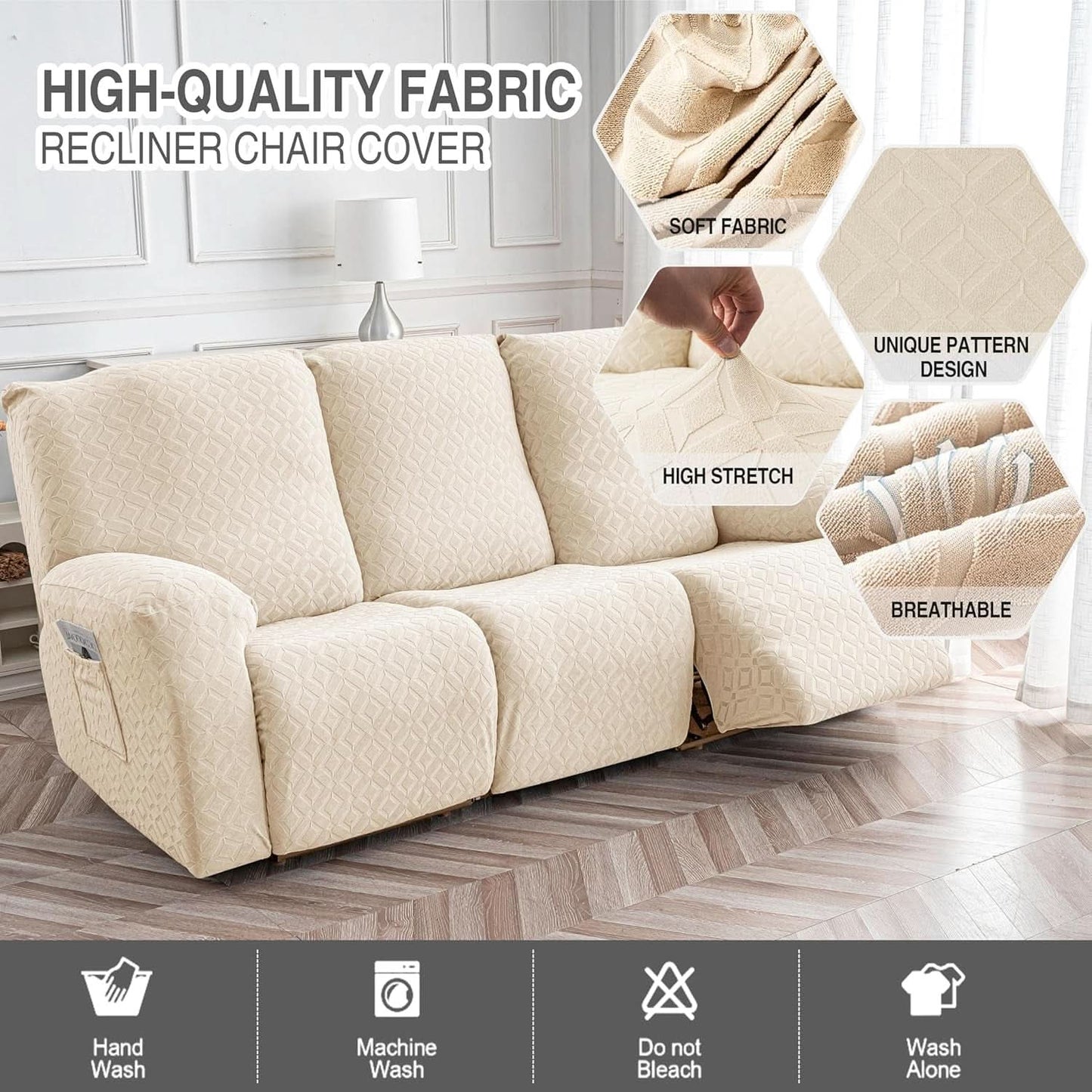 Beige Waterproof Recliner Sofa Cover Featuring Pockets