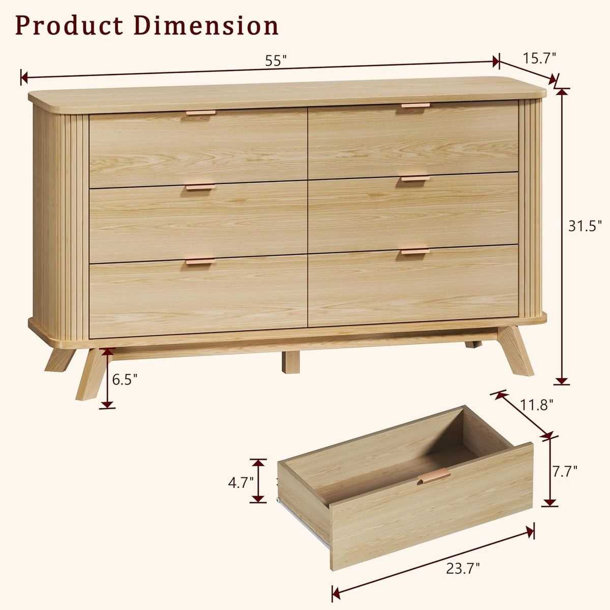 55 Inch Wide Fluted Dresser With Six Drawers Oak Finish