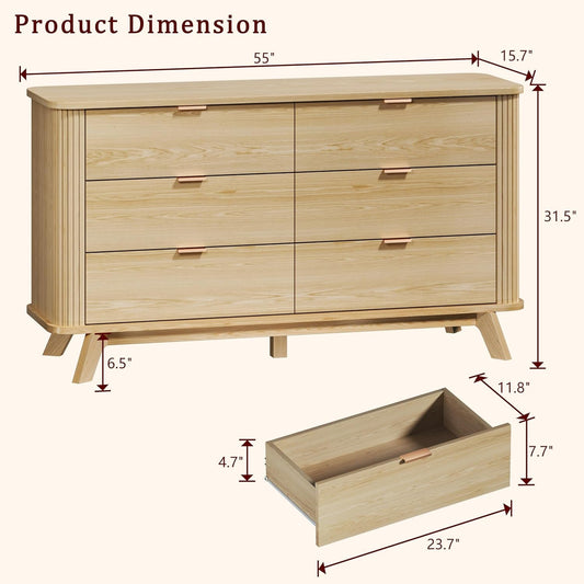 55 Inch Wide Fluted Dresser With Six Drawers Oak Finish