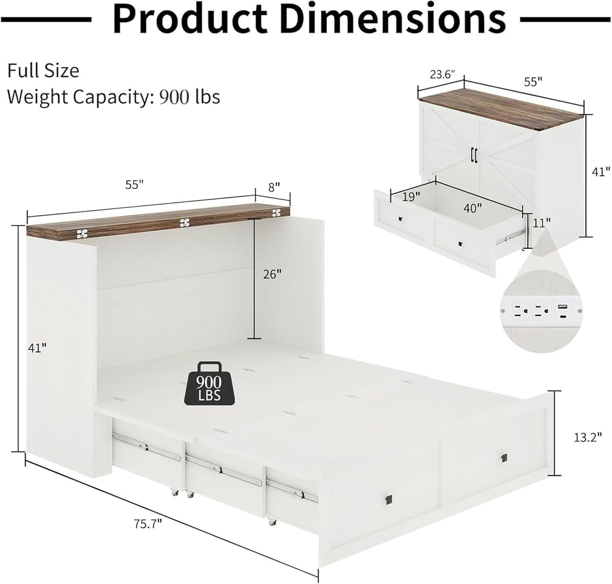 Farmhouse Murphy Bed With 900Lbs Capacity Charging Station