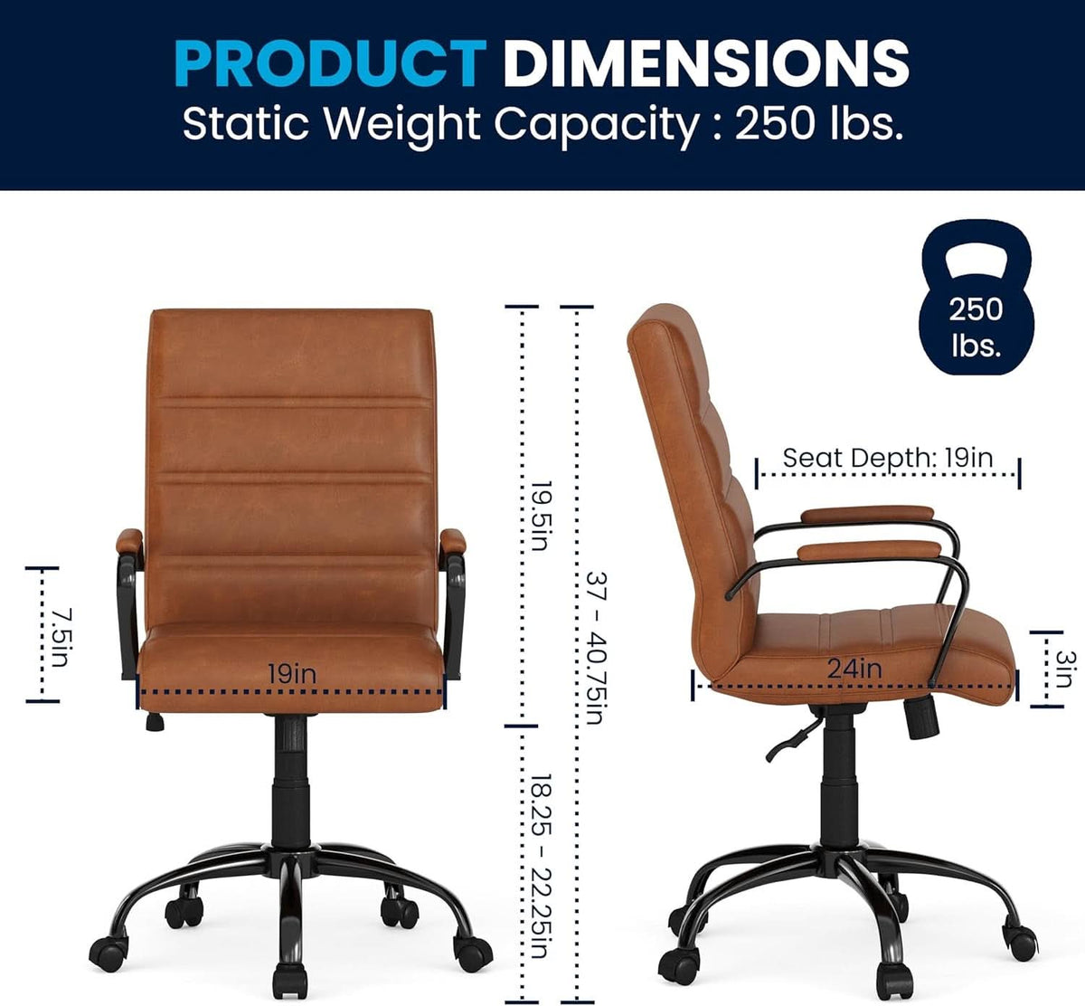 Whitney Mid-Back Leather Desk Chair Brown Black Adjustable Height
