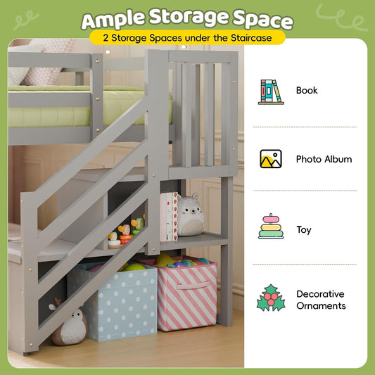 Charcoal Gray Space Saving Twin Over Bunk Bed Staircase