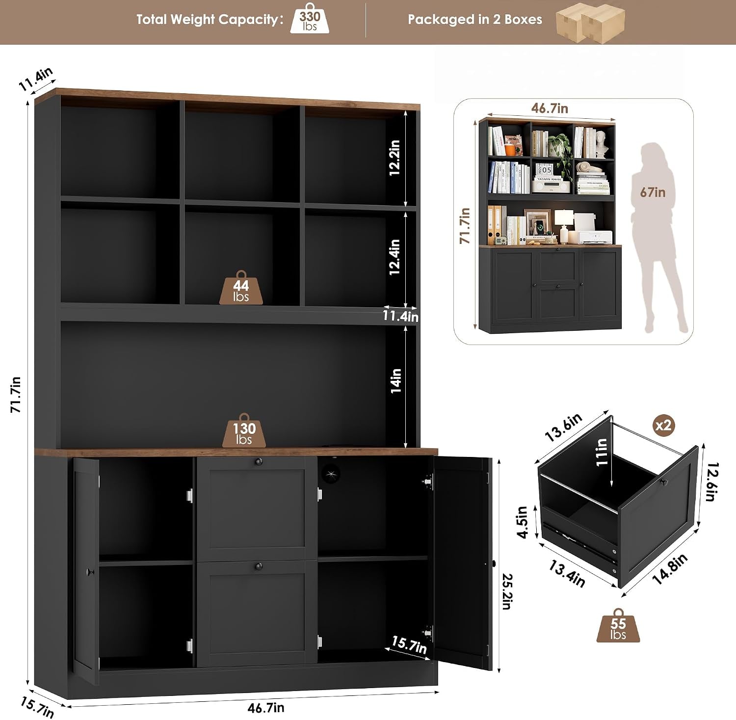 Seventy Two Inch Tall Black Bookcase With Power Out let System-2