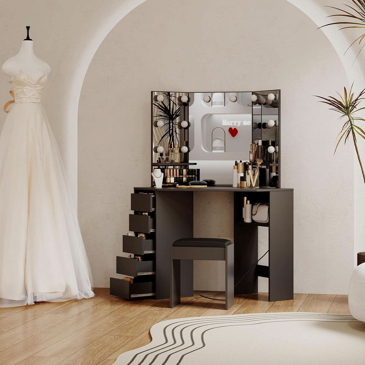 Corner Vanity Desk Black Illuminated Mirror Lights