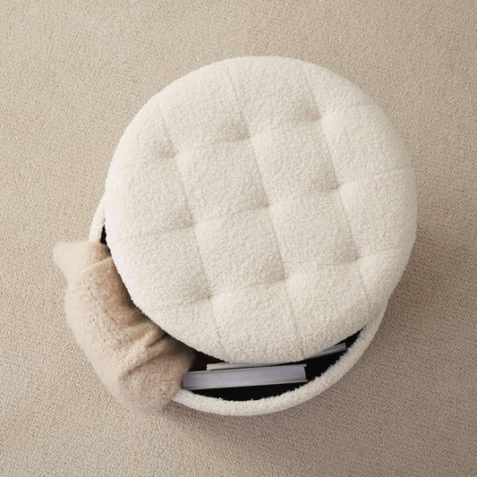 Round Storage Ottoman Boucle White Fabric Upholstery