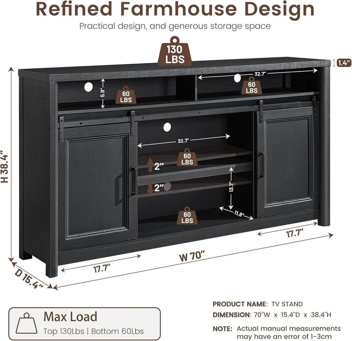 Farmhouse TV Stand Entertainment Center Sliding Doors Black