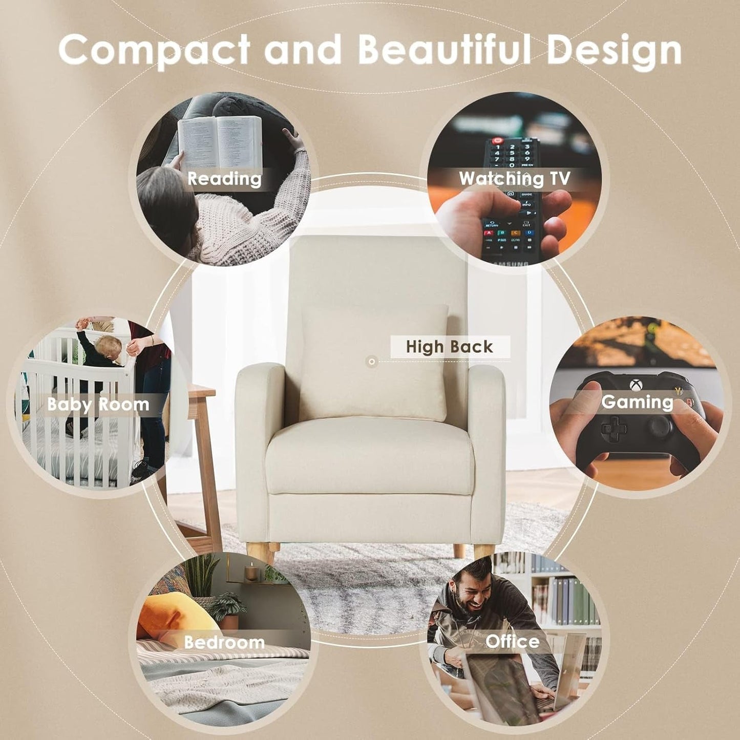 Beige Upholstered Accent Chair With Ergonomic Back