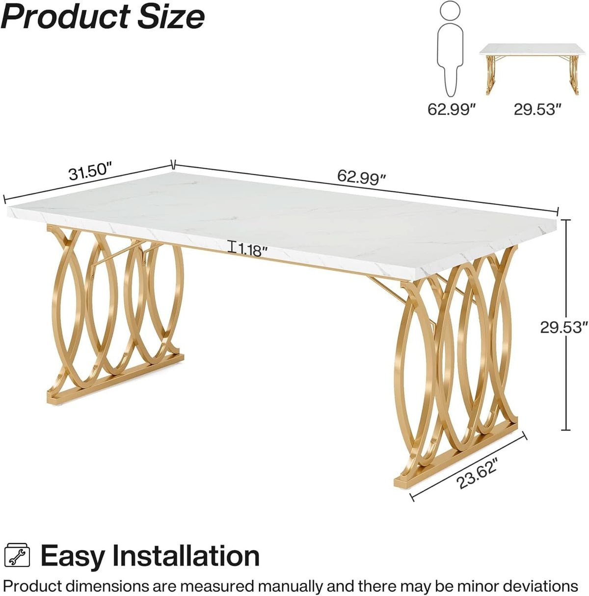 63 Inch Dining Table With Faux Marble Top For Kitchen And Dining Room-1