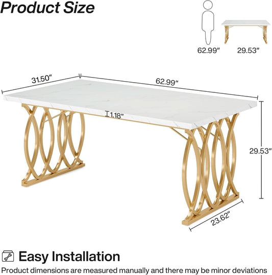 63 Inch Dining Table With Faux Marble Top For Kitchen And Dining Room-1