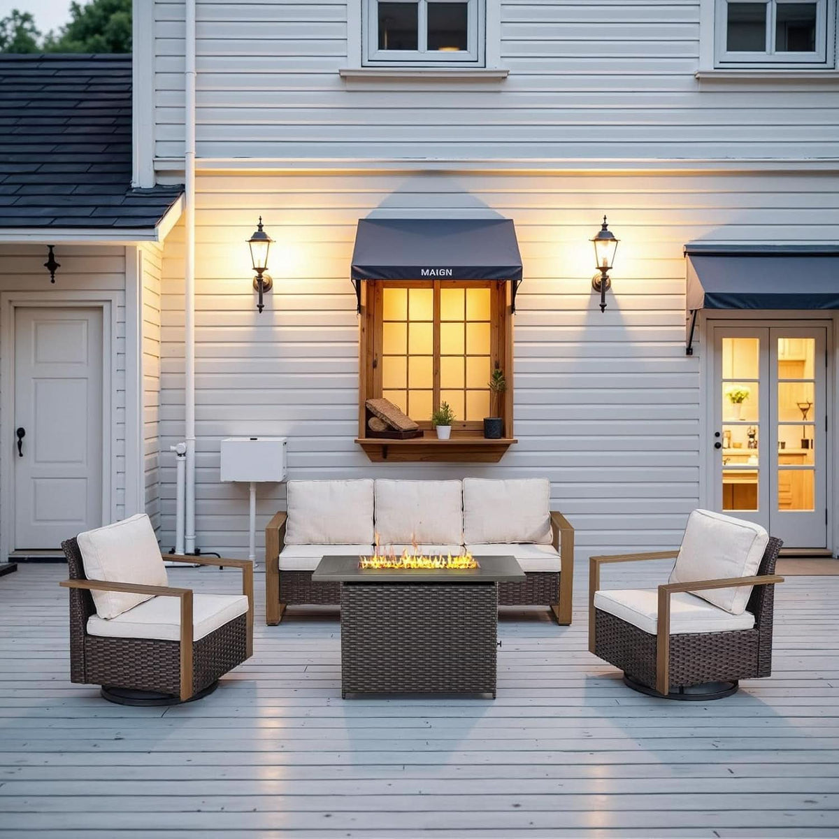 4 Piece Patio Set With 41 Inch Propane Fire Pit Table And Swivel Glider Chairs