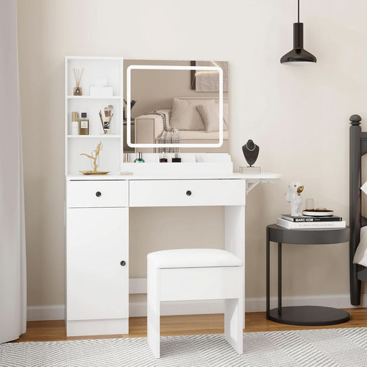 Vanity Desk Set White With Illuminated Mirror With LED