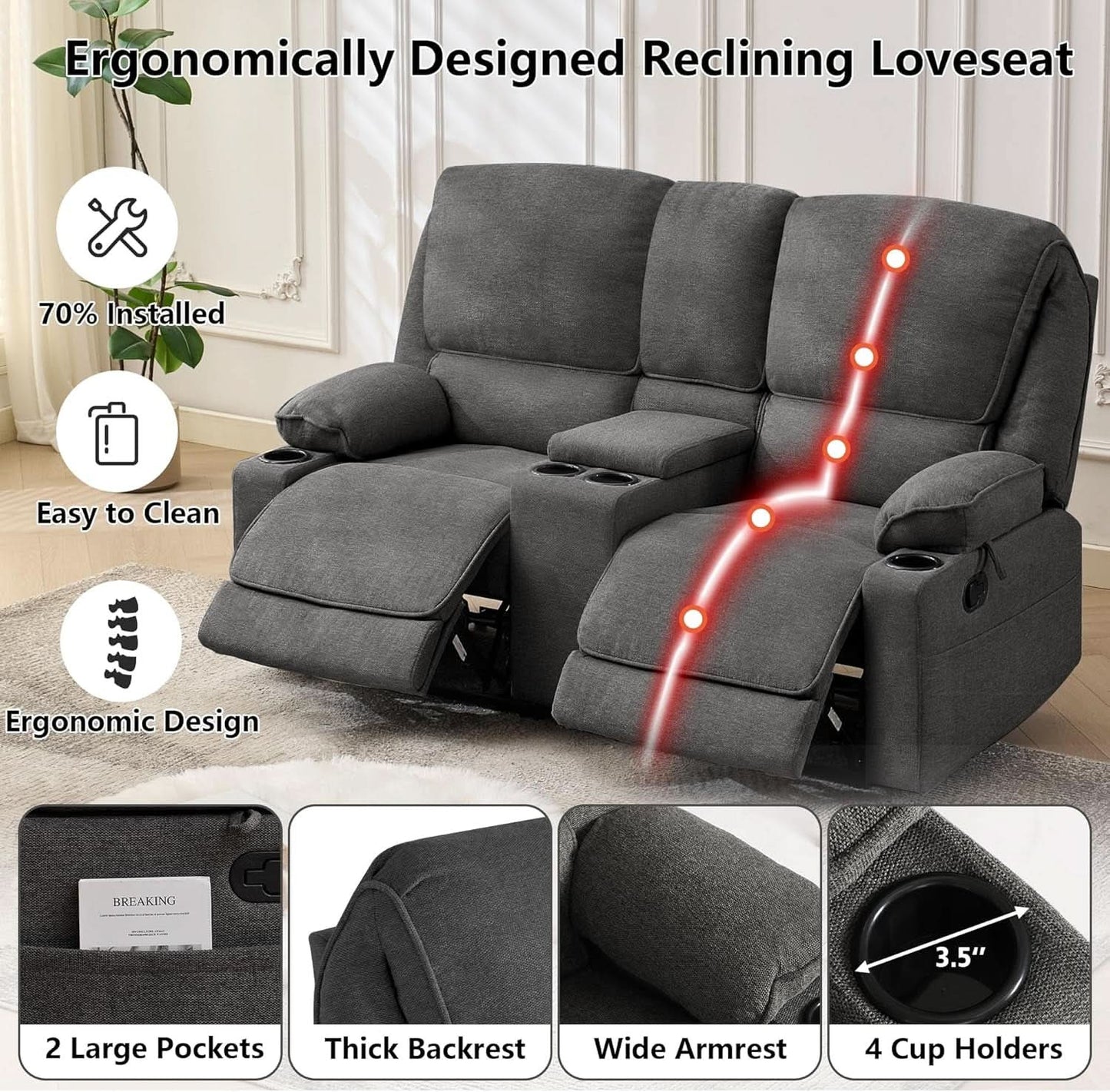 67.9 Inch RV Dark Leatherette Living Room Sofa Recliner
