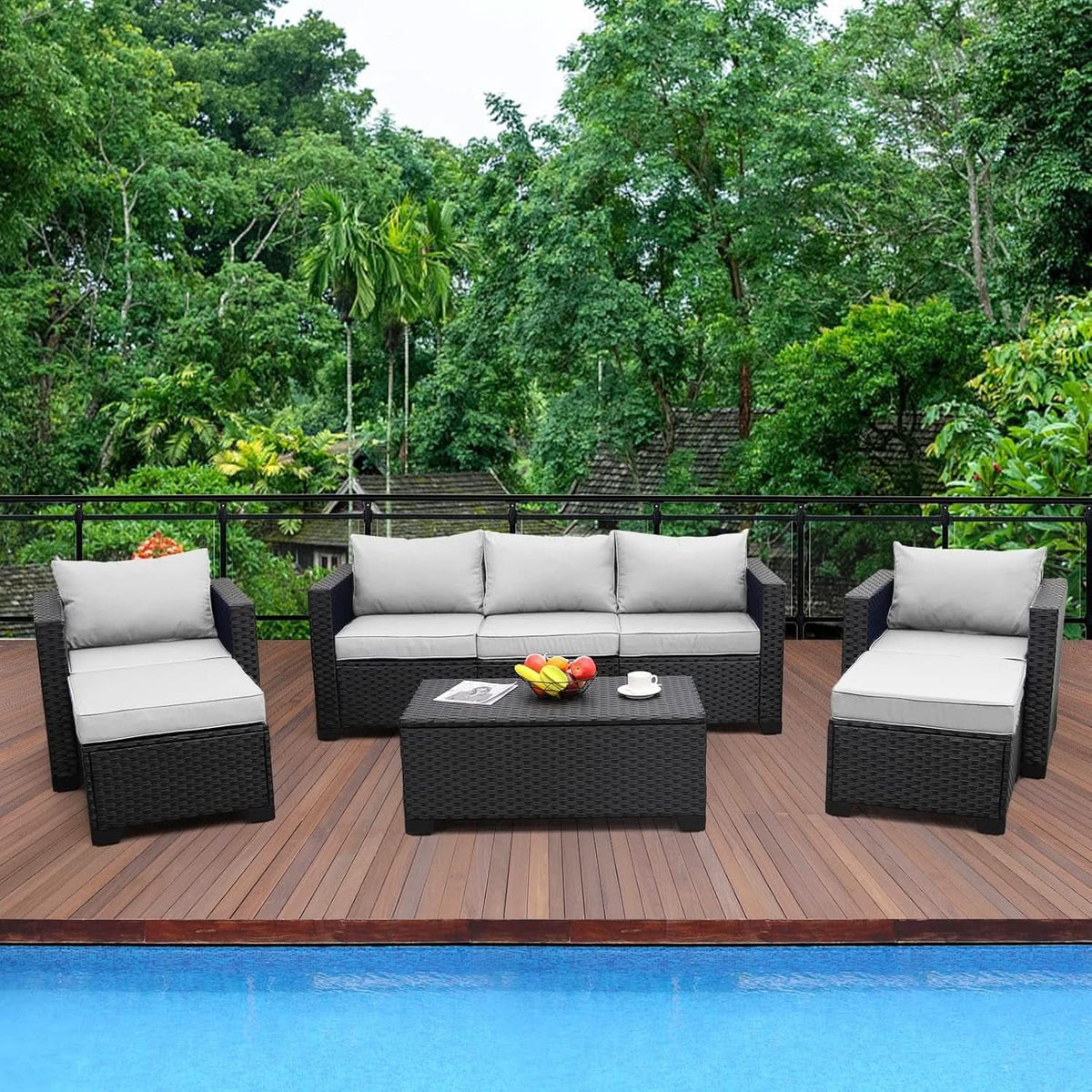Six Piece Outdoor Wicker Furniture Set With Grey Cushions-2
