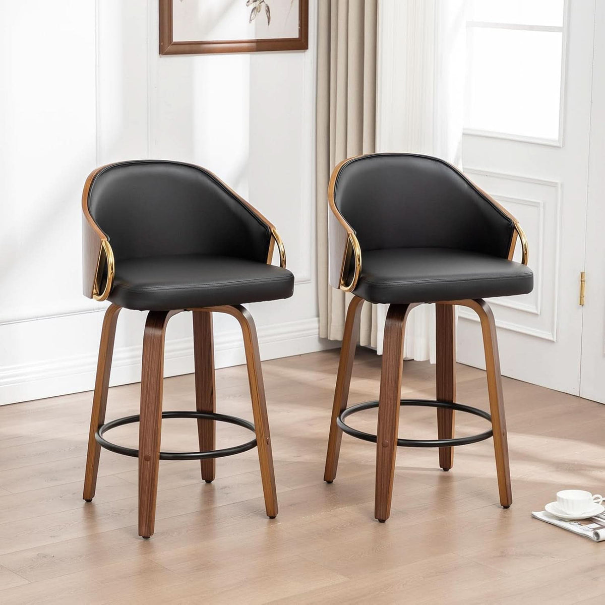 26 Inch Swivel Barstools Set of Two Black Leather