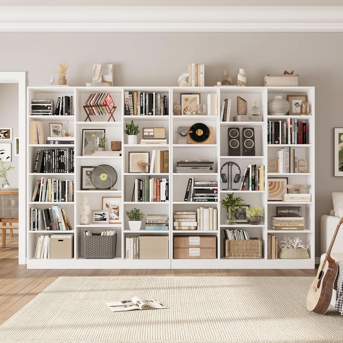 Triple Wide White Bookshelf 6 Tier 74 Inch Tall Unit-3