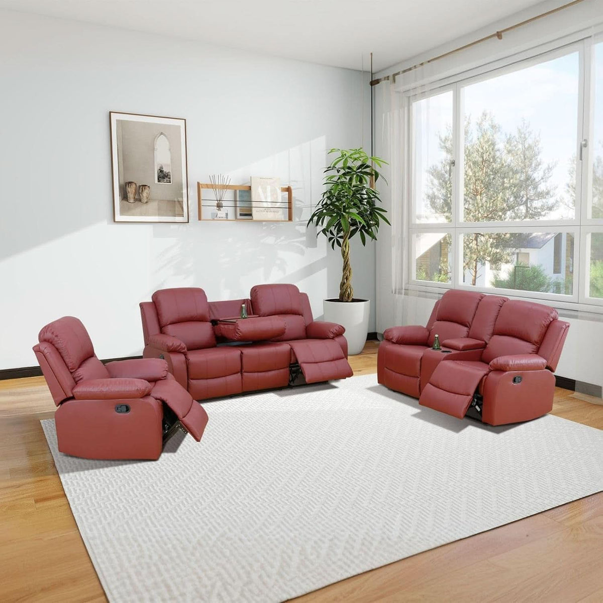 Leather Recliner Sofa Set 3 Piece For Living Room Red