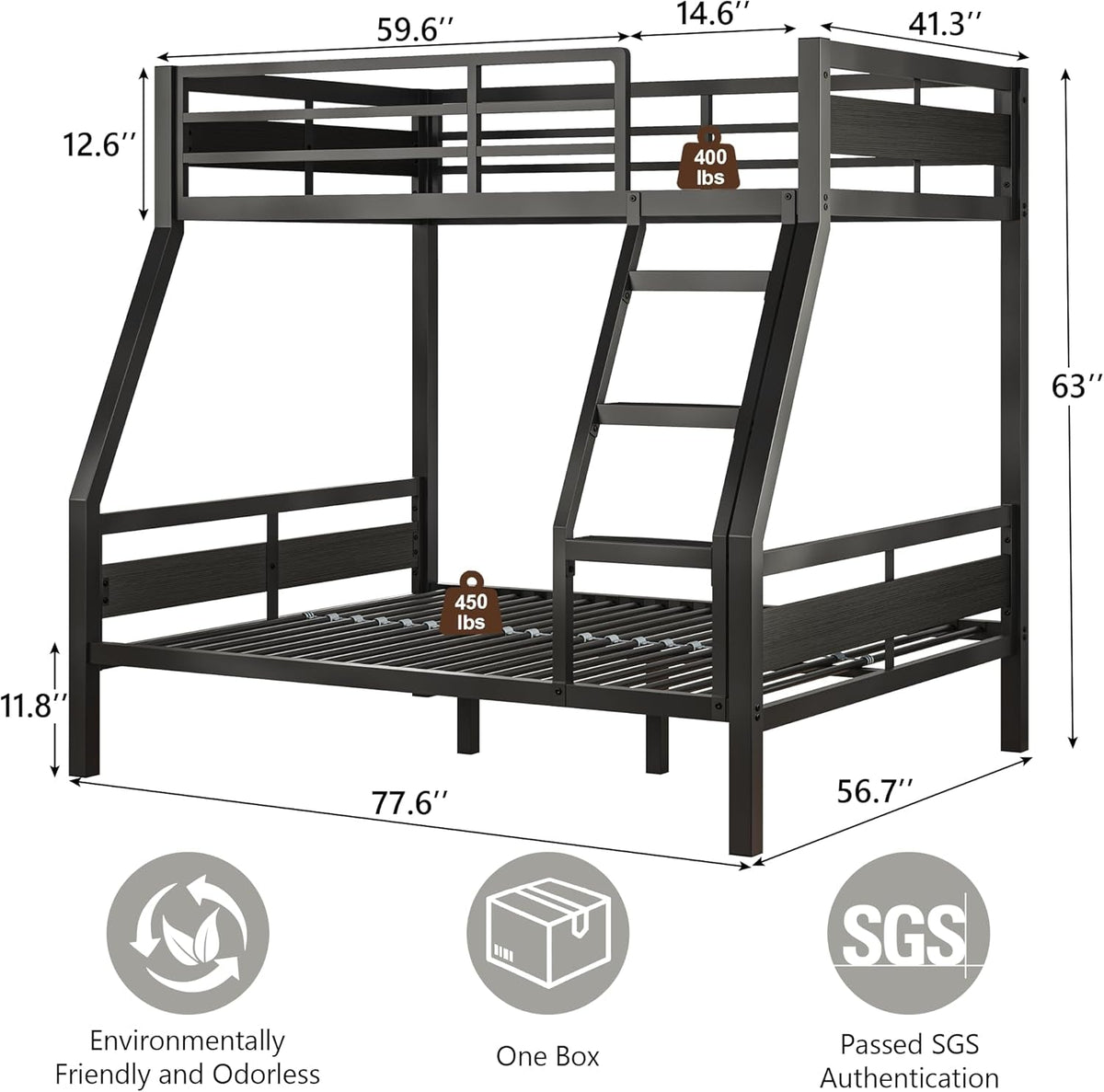 Reinforced Structural Industrial Steel Black Bunk Bed