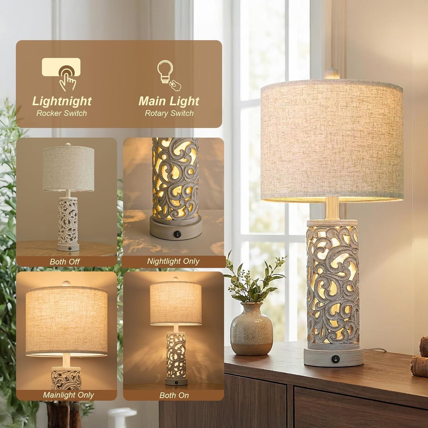 22 Inch Farmhouse Bedside Lamps with USB Night Light Set of 2
