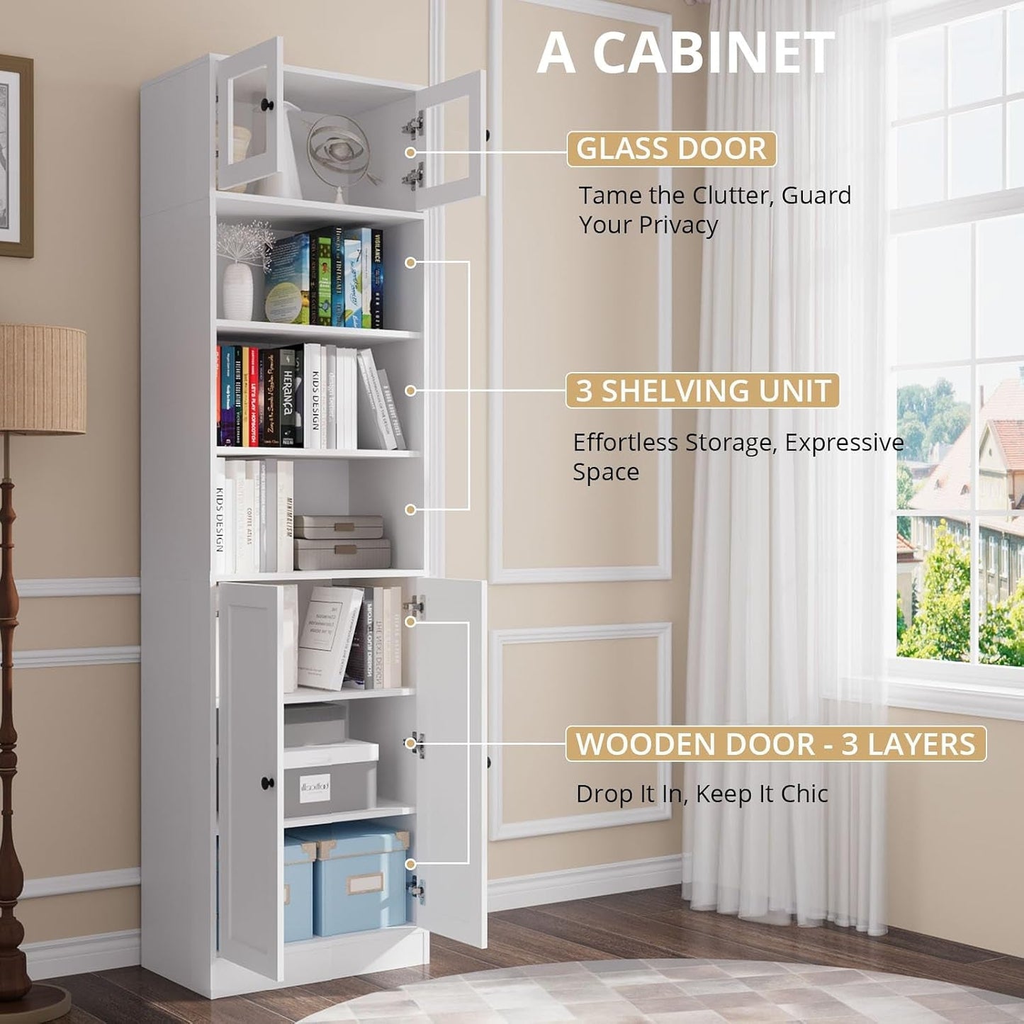 White Glass Doors Bookcase Featuring Practical Storage Design