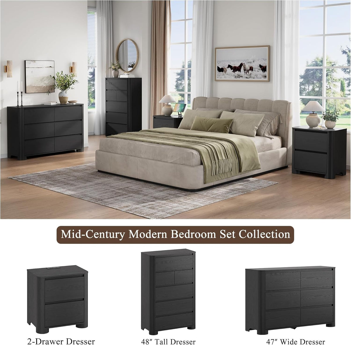 Black Six Drawer Dresser With Contemporary Woodgrain