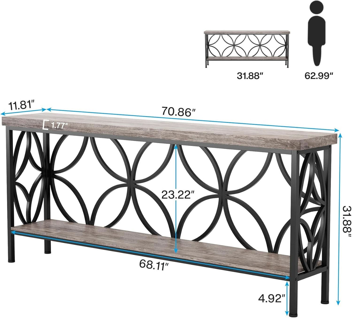 70.9 Inches Industrial Grade Sofa Table With Shelving