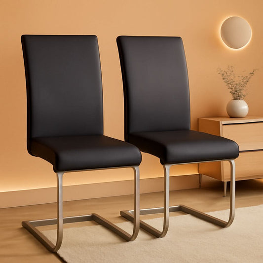 Leather Upholstered Dining Chairs Set Of 2 With Metal Legs Black