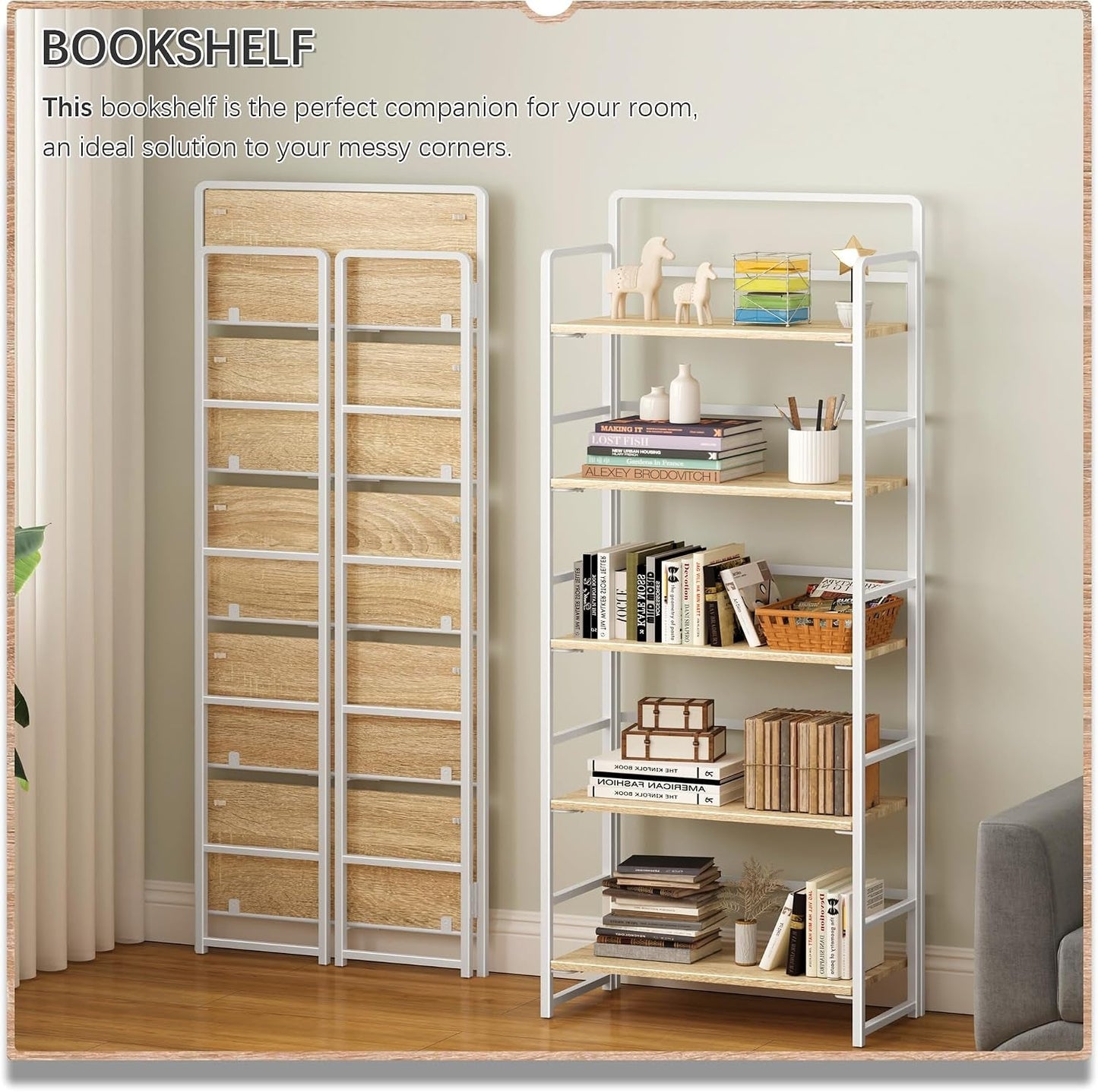 Natural White Five Tier Freestanding Storage Bookcase