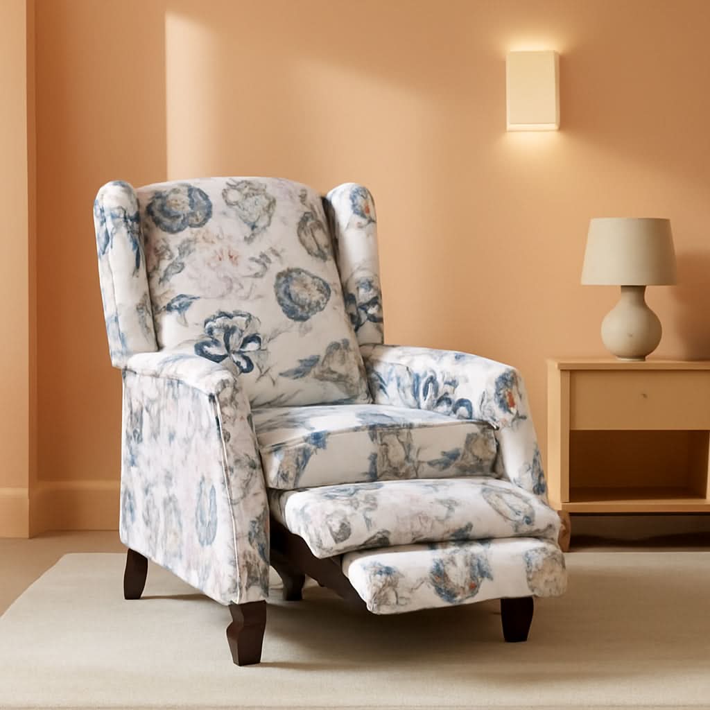 Upholstered Wingback Recliner Chair Blue Floral Elegant