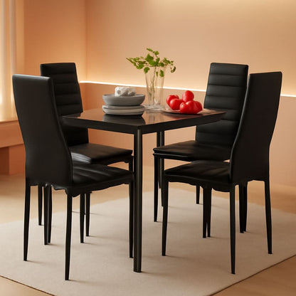 Glass Top Dining Table Set With Steel Frame Leather Chairs
