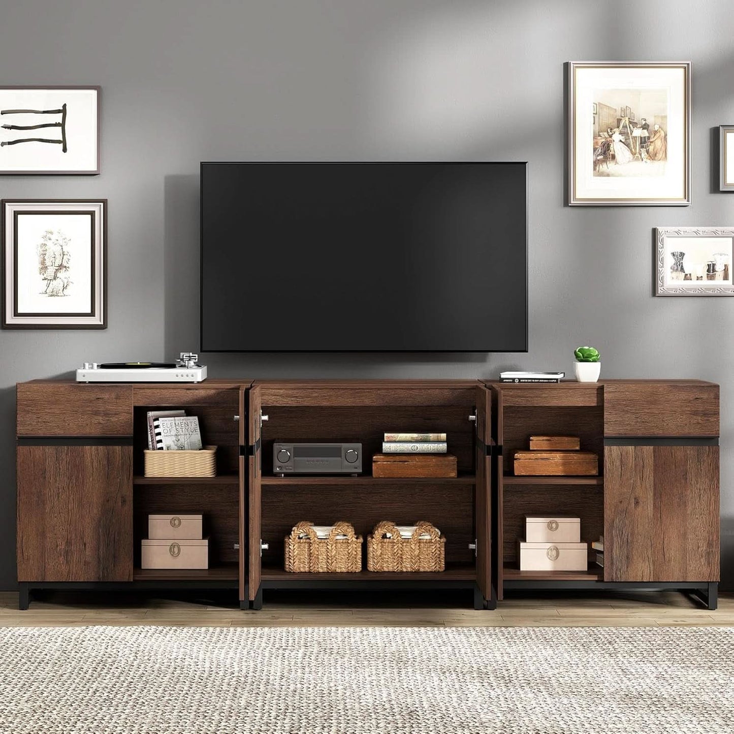 Brown 3 In 1 TV Stand For 100 Inch TV Adjustable Shelves Metal Base