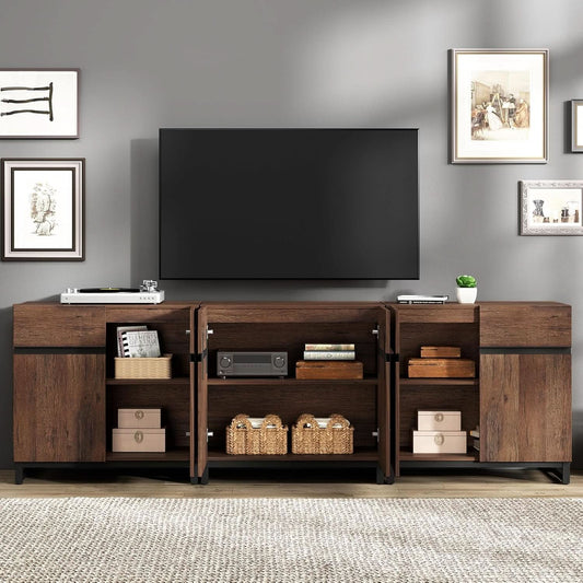 Brown 3 In 1 TV Stand For 100 Inch TV Adjustable Shelves Metal Base