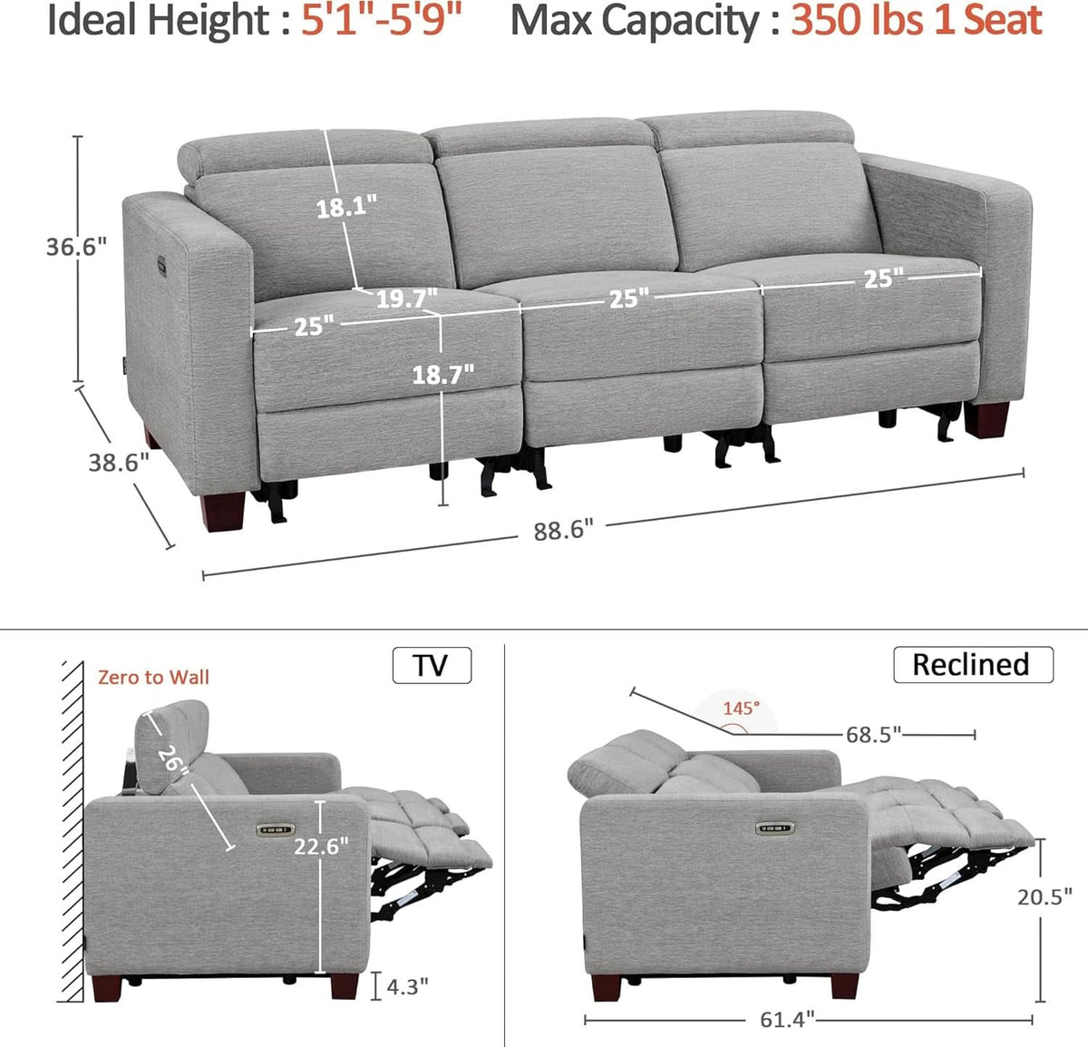 Charcoal Upholstered Power Recliner Sofa 88.6 Inches