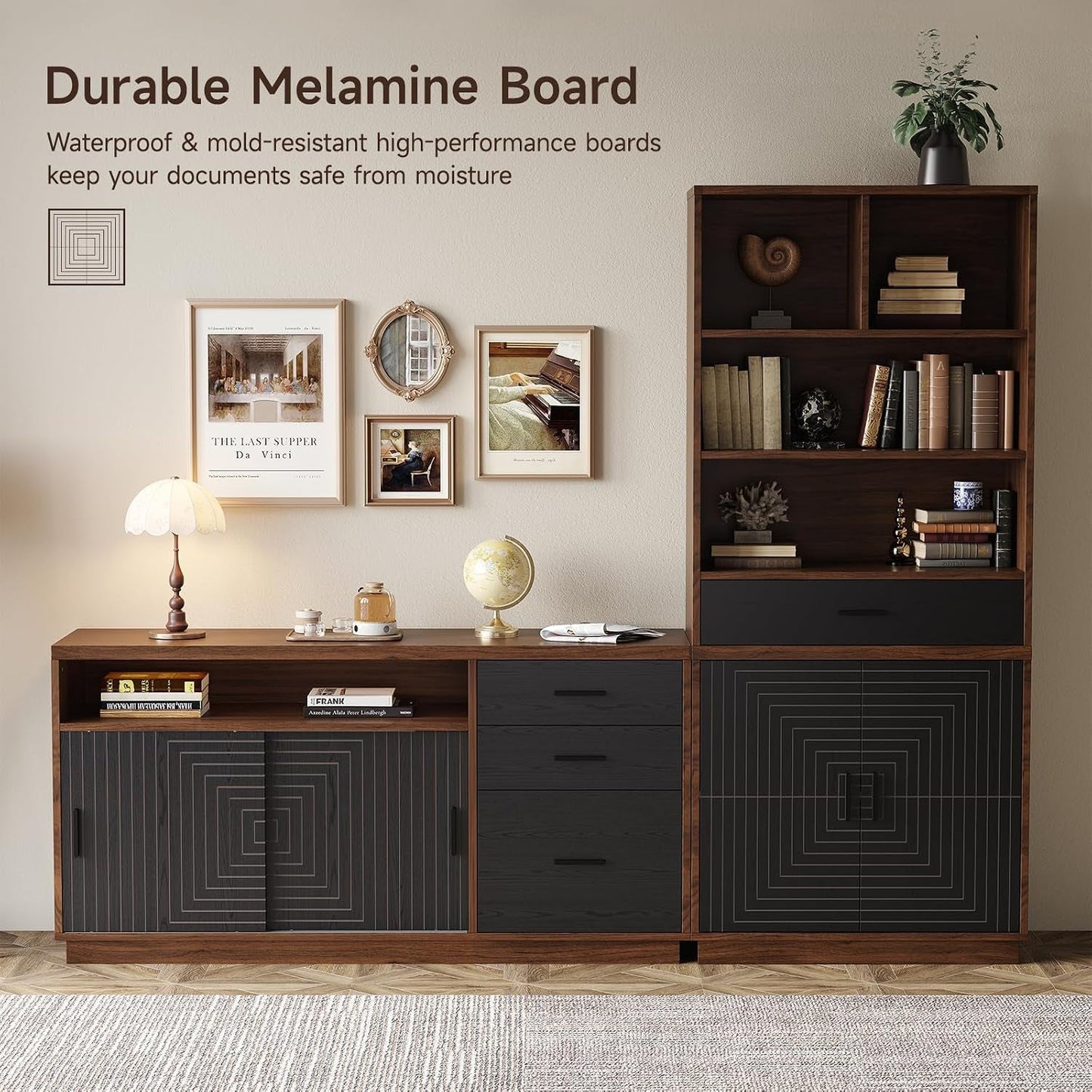 Fifty Five Inch Walnut Sturdy File Cabinet With Drawers