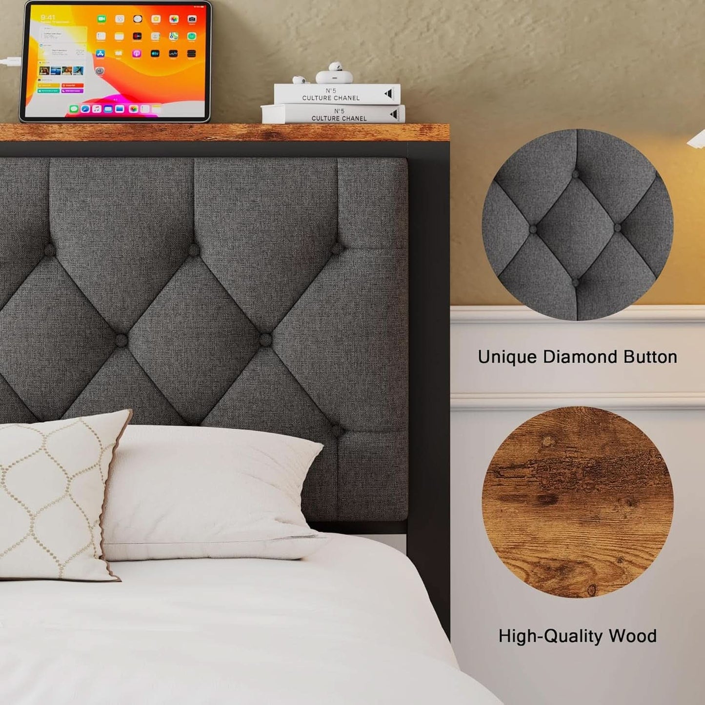 Full Size Bed Frame With Grey Storage Drawers USB Ports