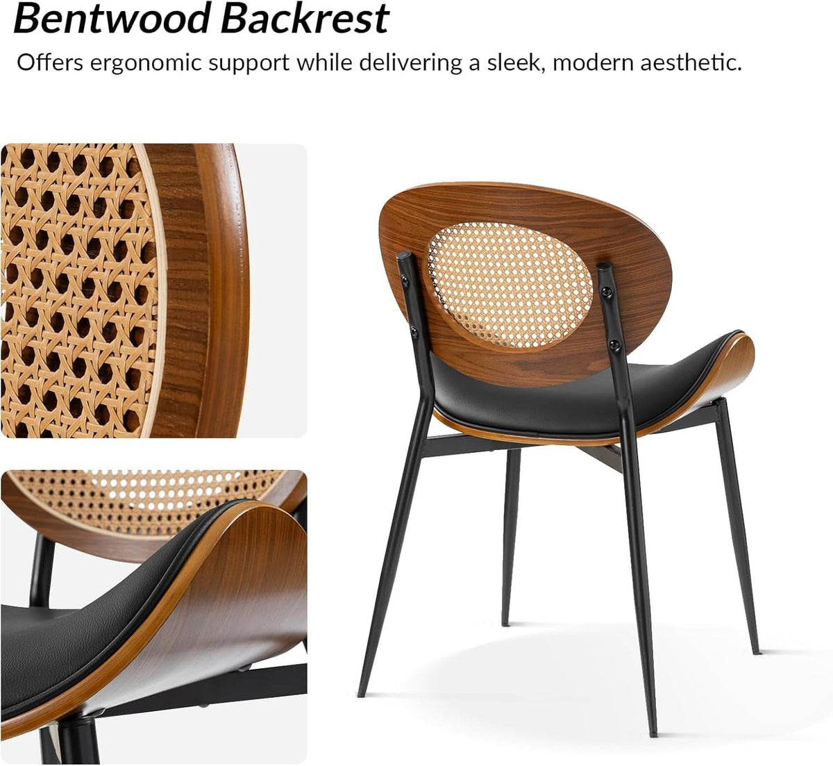 Matte Black Leather Dining Chairs Rattan Backrests