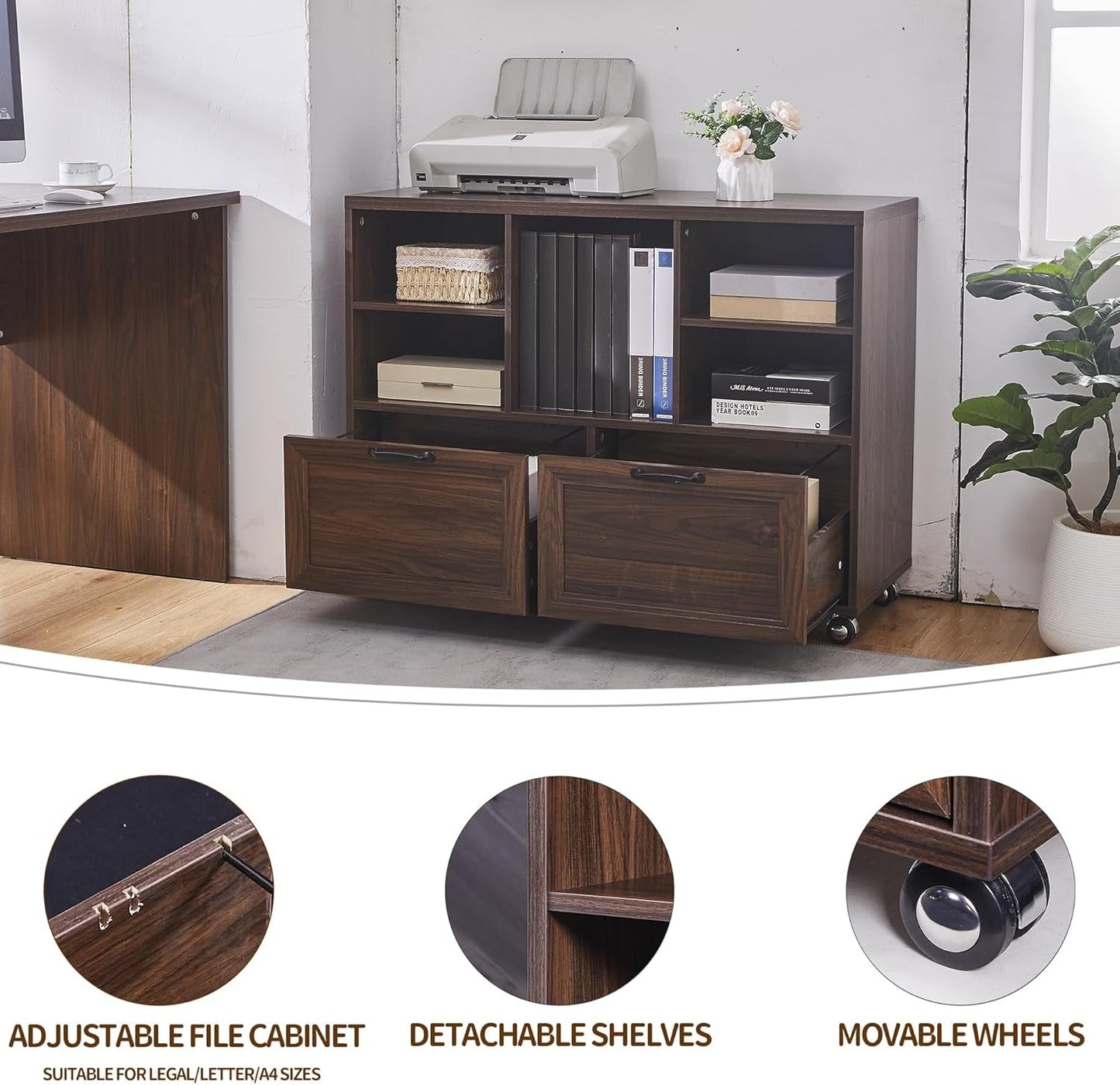 Brown 39-Inch Farmhouse Rolling File Cabinet Storage