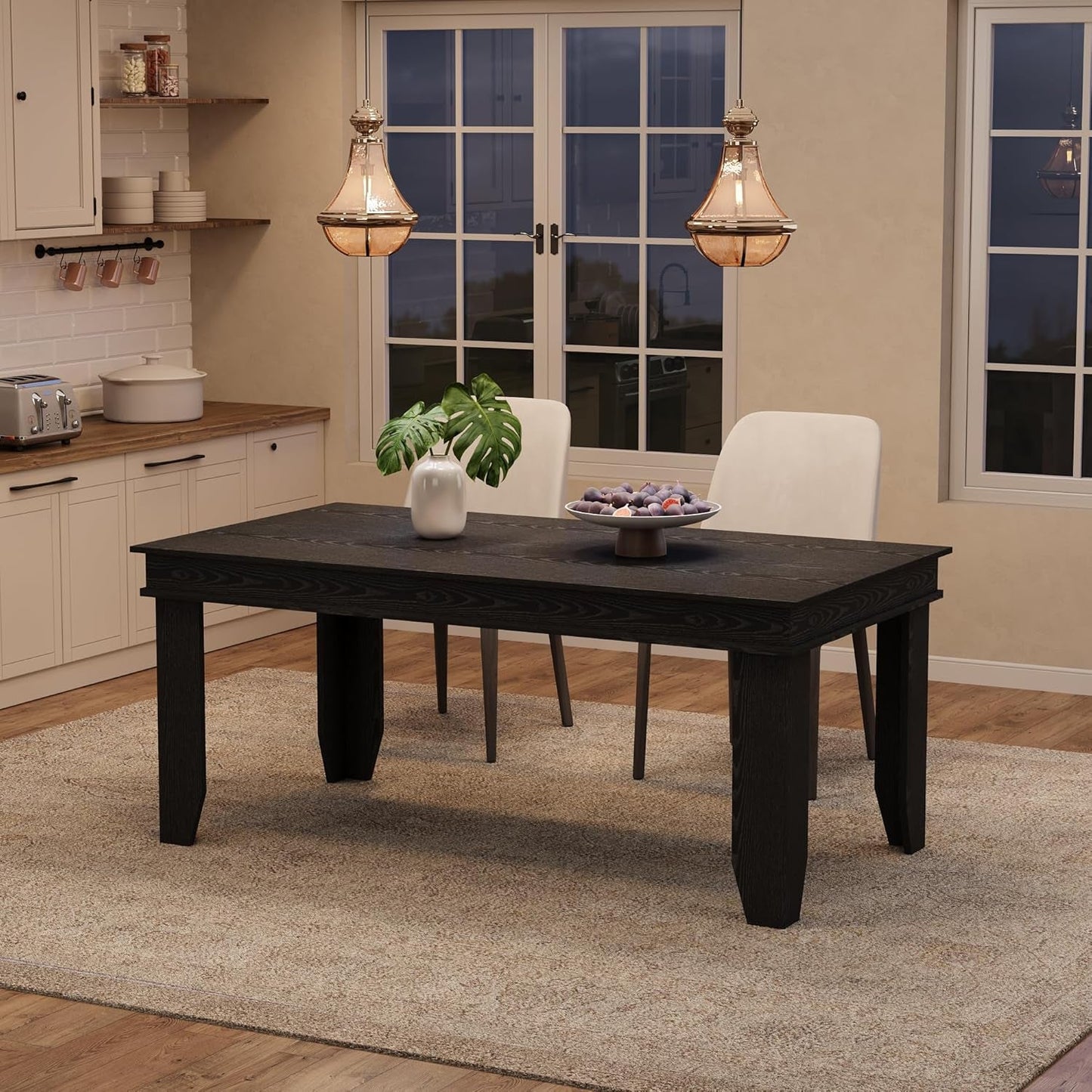 Dining Table Black Farmhouse Rectangular Seats Six-2