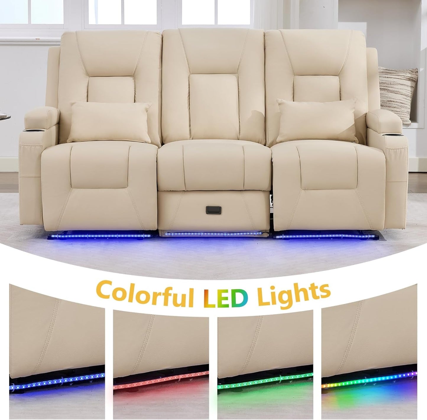 Power Loveseat Recliner Sofa Beige Ambient Lighting
