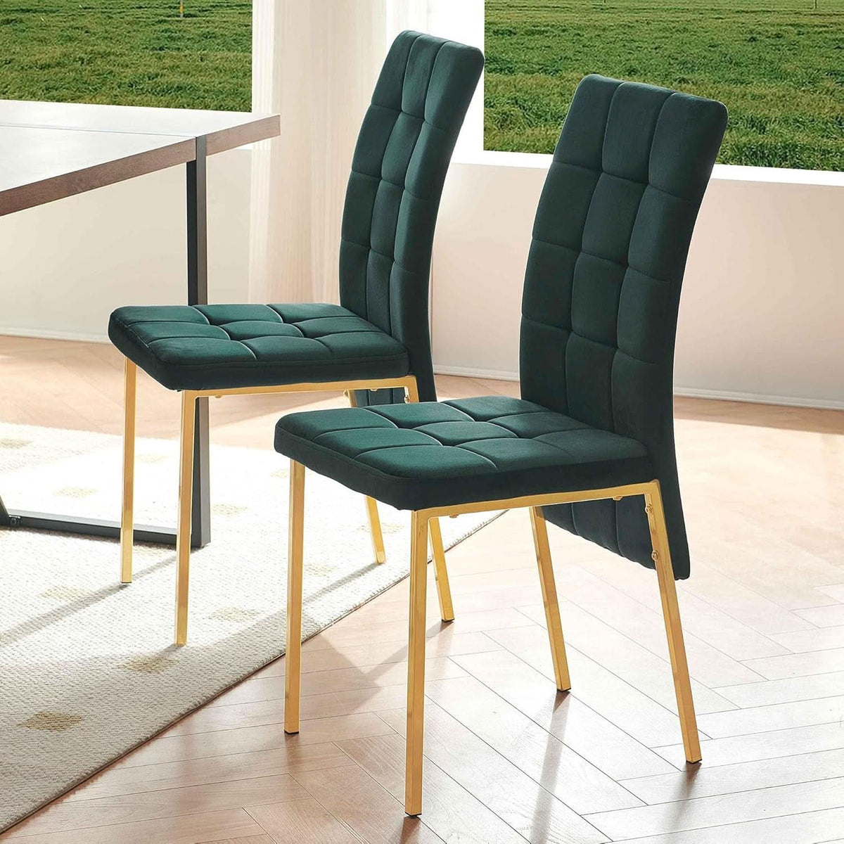 Forest Green Velvet Upholstered Dining Chairs Goldtone