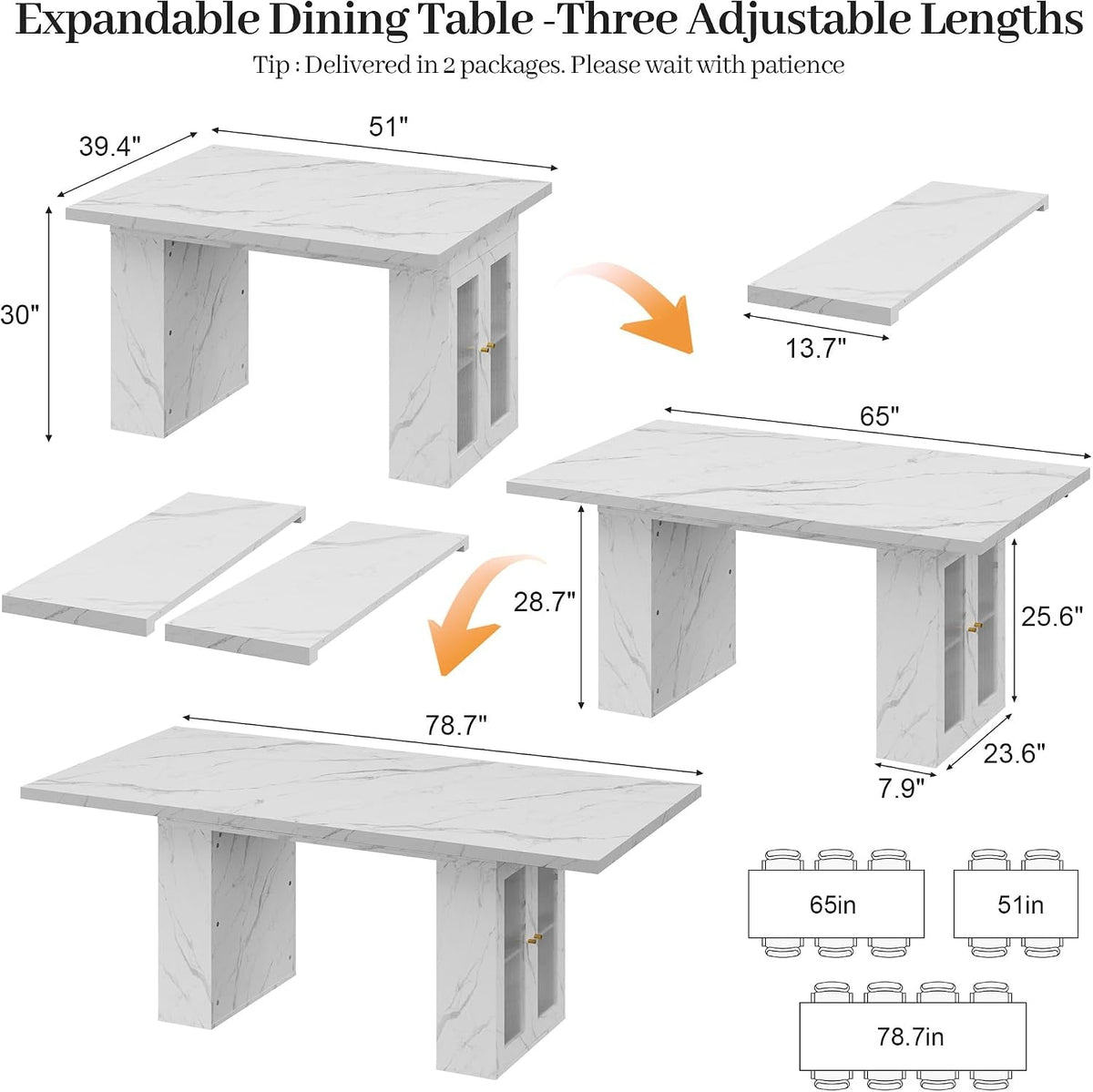 Extendable Dining Table White Marble Storage Compartment