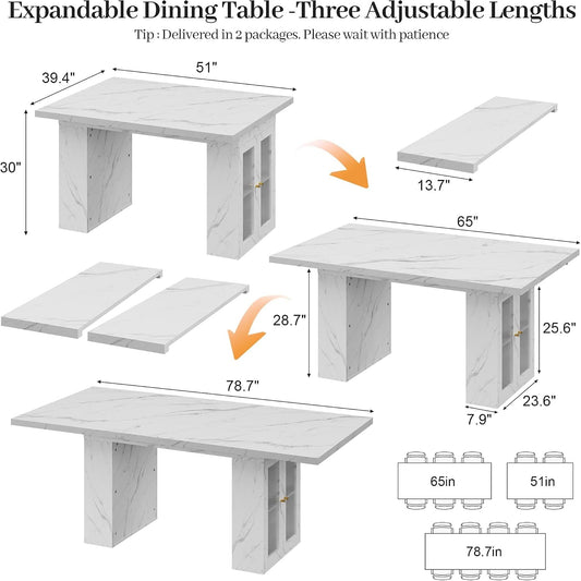 Extendable Dining Table White Marble Storage Compartment