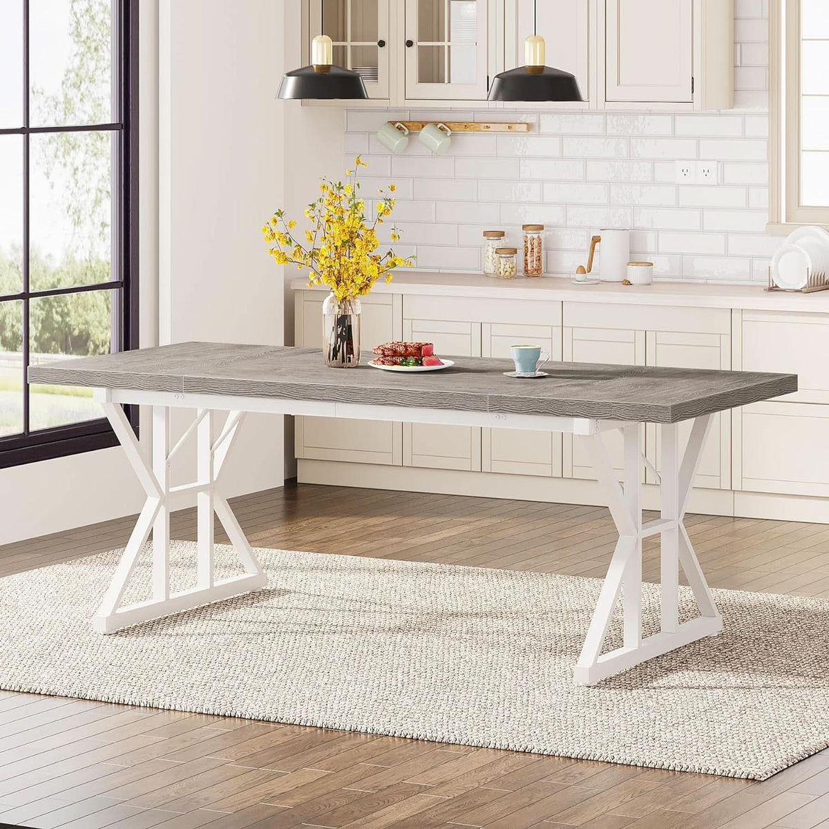 Farmhouse 6 Person Dining Table 70.8 Inch Grey Wood Table