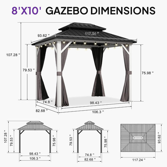 8x10 Outdoor Gazebo Grey Aluminum Hardtop Weatherproof