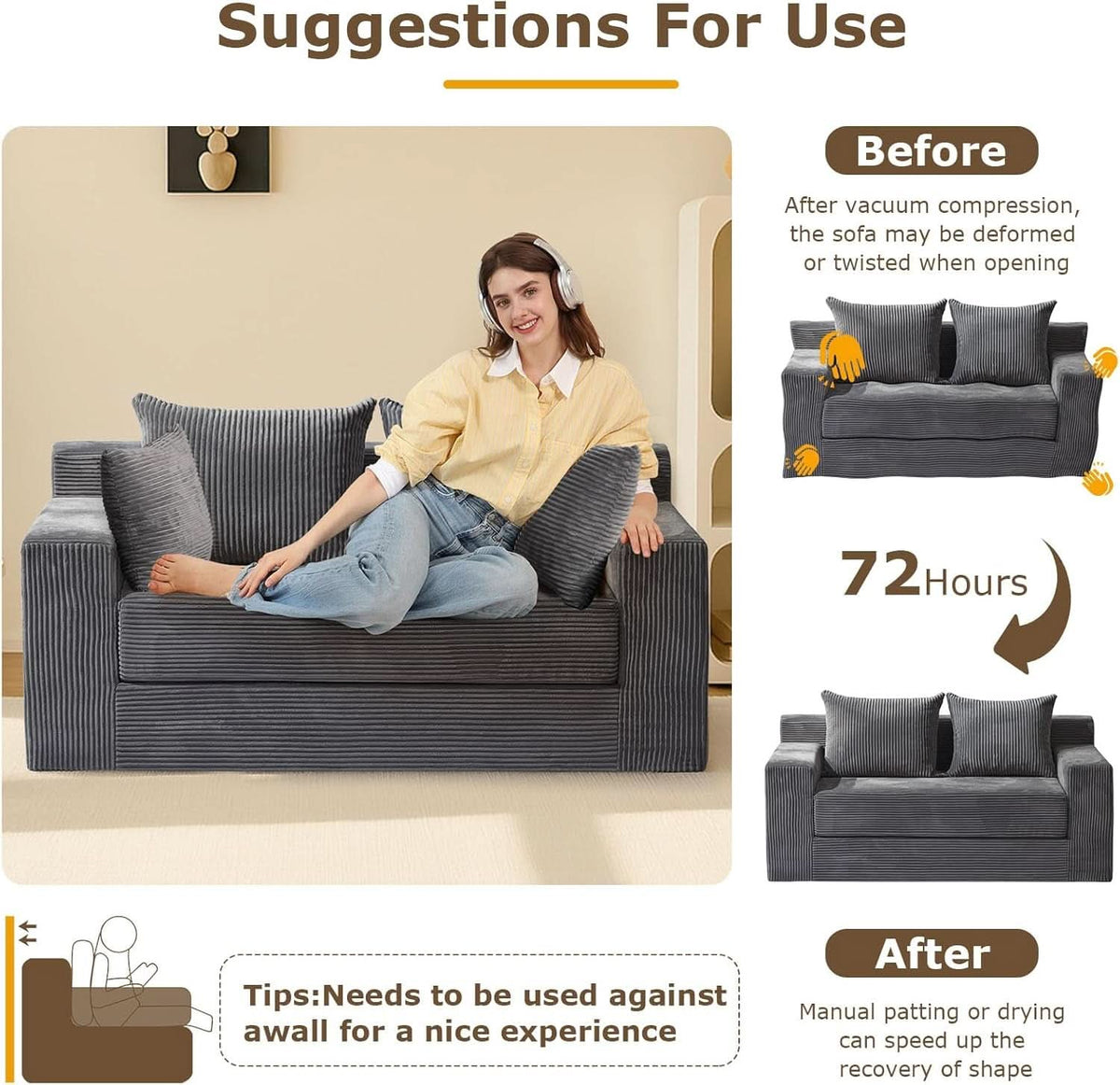Corduroy Convertible Sofa Bed Three In One BeigeTone Sleeper