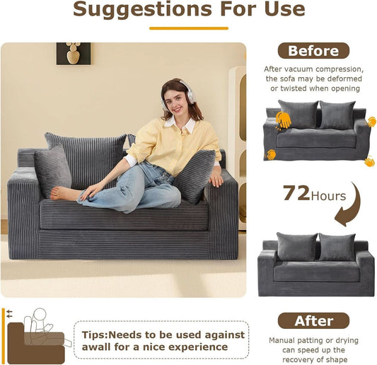 Corduroy Convertible Sofa Bed Three In One BeigeTone Sleeper