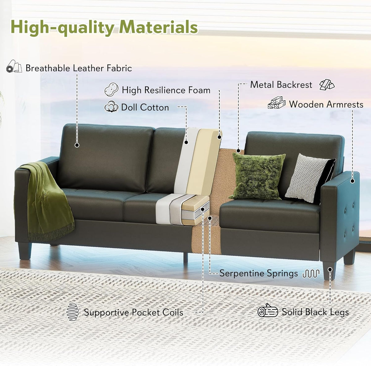 Black Seventy ThreeInch Three Seater Sofa For Living Room