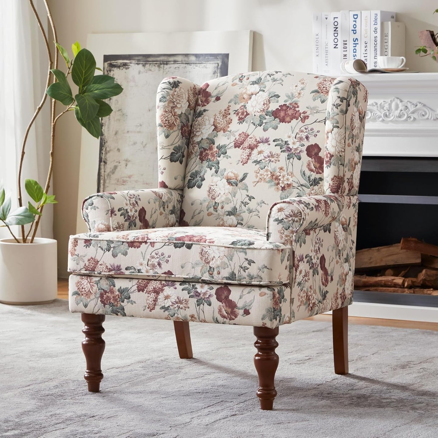Red Floral Wingback Accent Chair Linen Upholstered